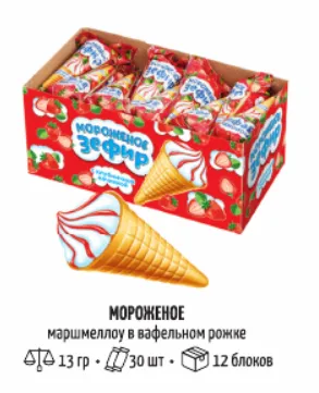 Зефир с начинкой в вафельном рожке "Мороженое" 13гр*30шт*12 блоков.
