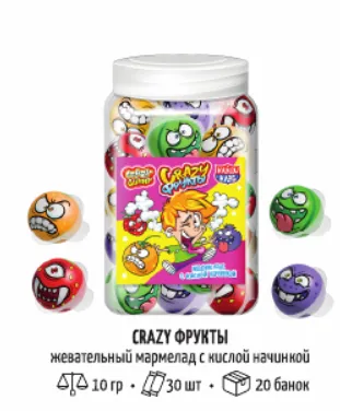 Мармелад с кислой начинкой "Crazy Фрукты" ассорти 10гр*30шт*12 банок